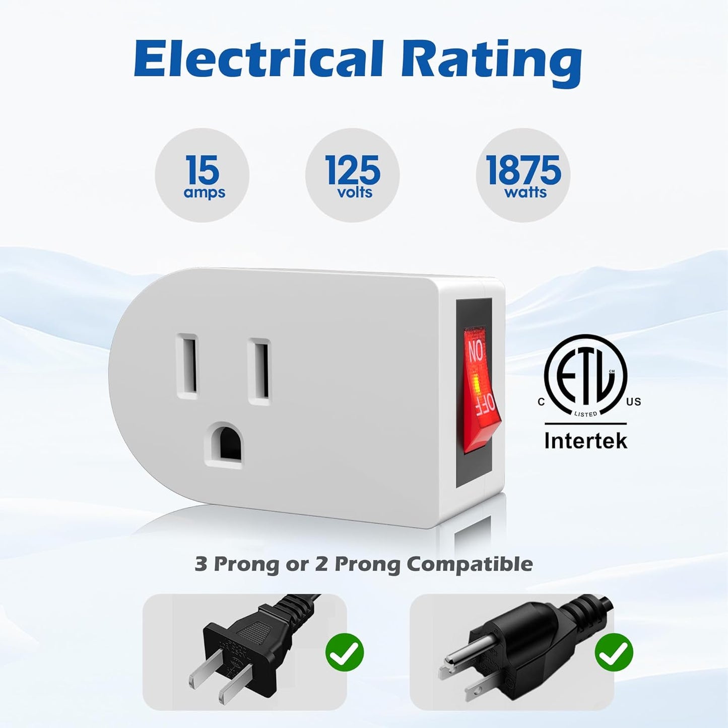 HiFind Grounded Outlet Extender with ON/Off Switch (3 Pack), 3 Prong Single Port Power Adapter, Energy & Space Saving Wall Tap Plug with Red Indicator for Light & Small Appliance, ETL, White