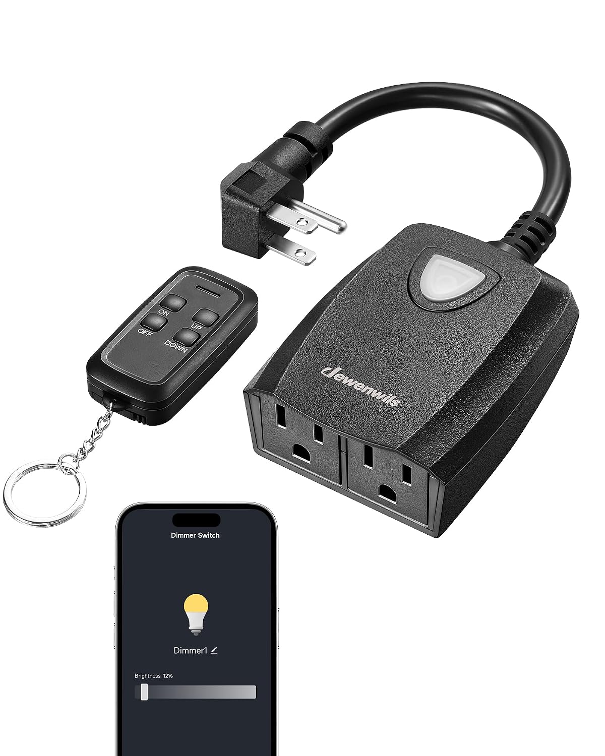 DEWENWILS Smart Dimmer Plug with Remote for Patio Lights, 2.4GHz Only | Remote/App/Voice Control, 2 Grounded Outlets, 100FT Range, Stepless Dimming, Support 200W Dimmable LED/400W Tungsten Bulbs