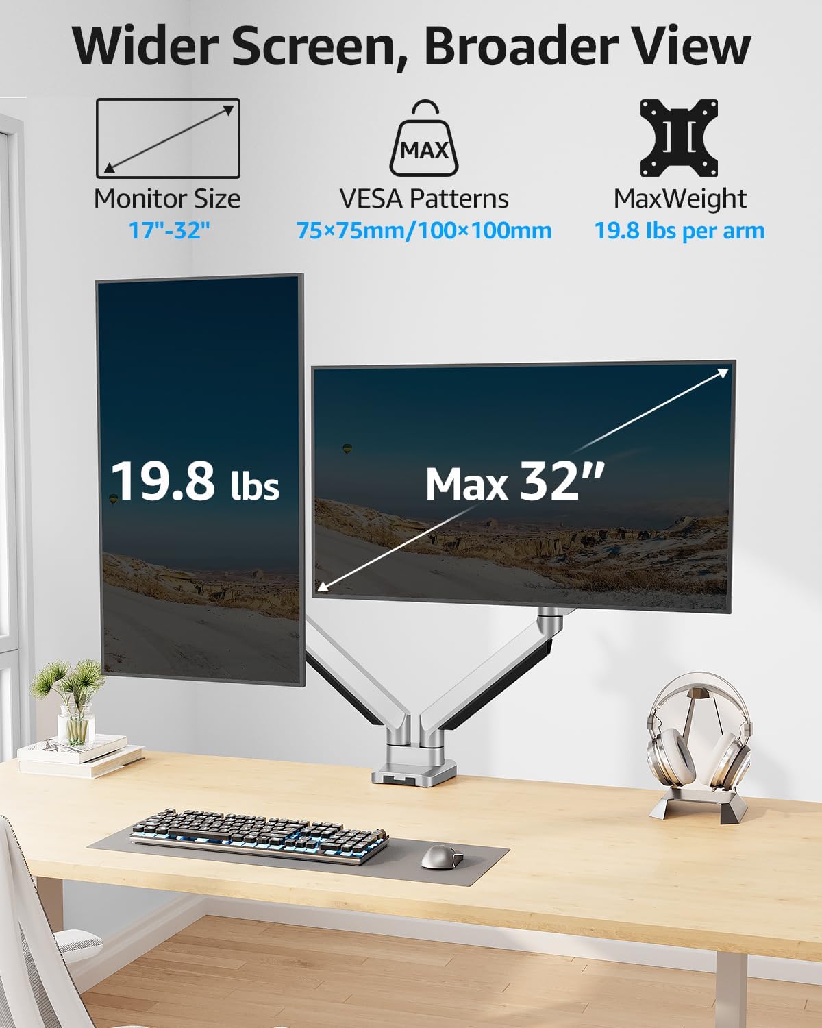 MOUNTUP Dual Monitor Desk Mount, Die-Cast Aluminum Fully Adjustable Double Monitor Arm, Computer Monitor Stand Fits 2 Screen 17 to 32 inch - Each Arm Holds 4.4-19.8LBS