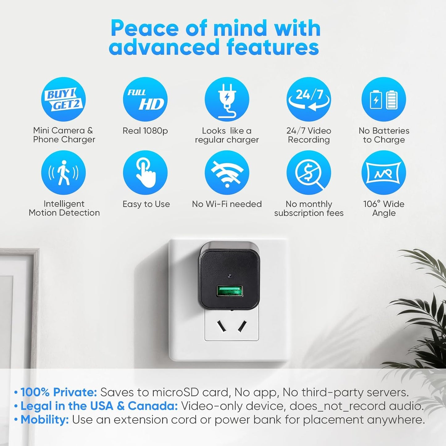 Mini Camera with 64G Card 1080P Small Security Camera Charger with Motion Detection for Indoor (No WiFi)