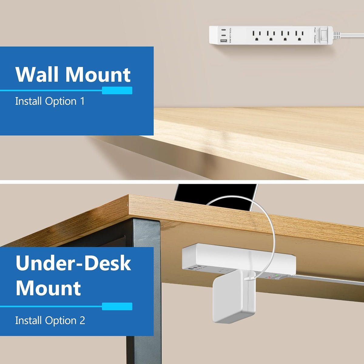 LIDER Outlet Extender with 4 Receptacles, USB-A & 2 USB-C, Flat-Plug, 1250W