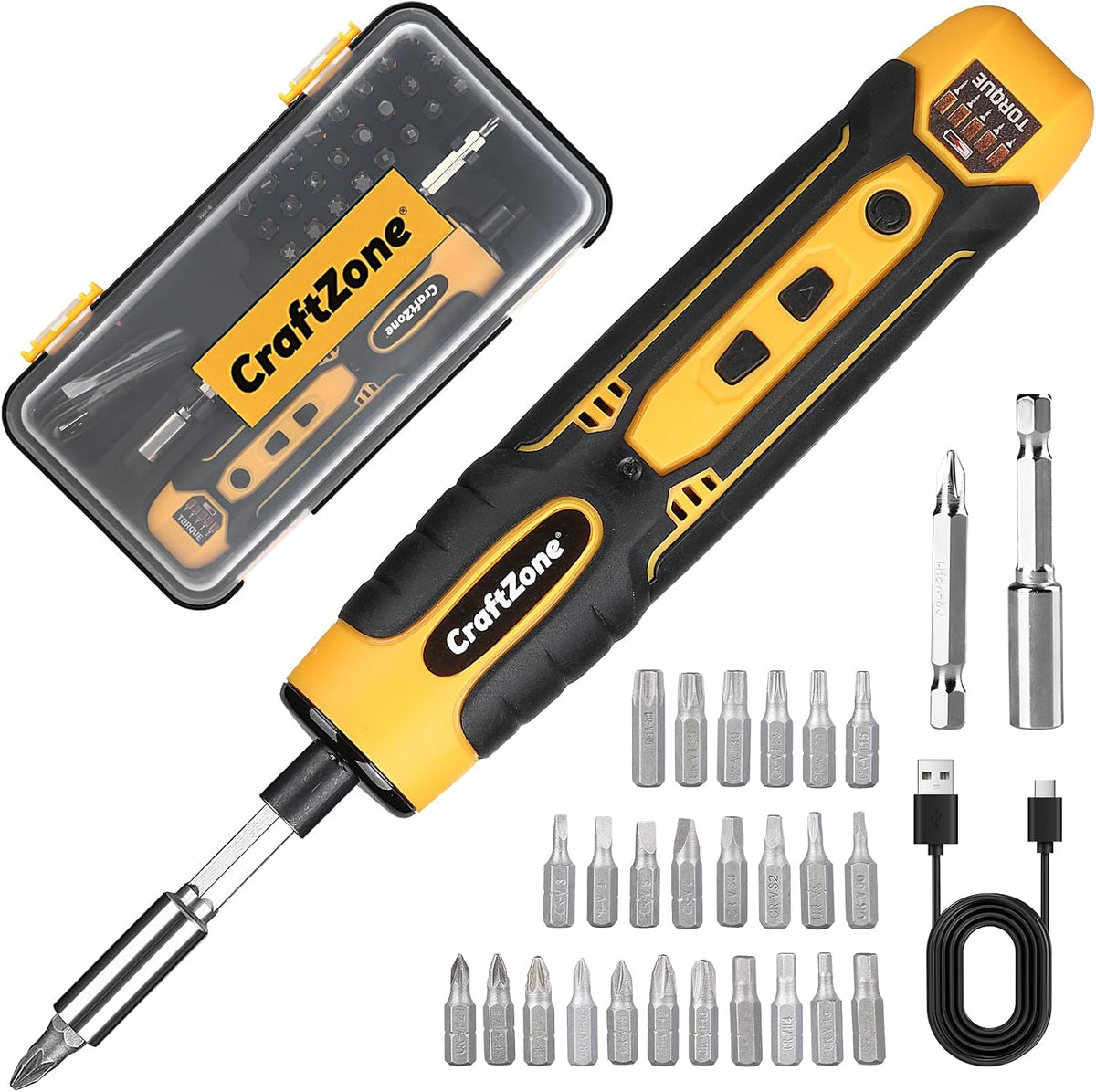 Electric Screwdriver Set with LED Light, USB Rechargeable Cordless Screwdriver, Level 5 Torque Screwdriver with 28 pcs Screwdriver Bit Set & Carrying Case for Home, Electronic, Automotive