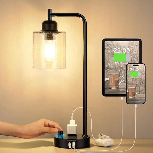 Industrial Desk Lamp, Fully Dimmable Small Bedside Table Lamp, Black, USB C | Glass Shade, USB C+A Charging Port & Outlet, Lamps for Bedroom, Night Stand, Home Office, Living Room