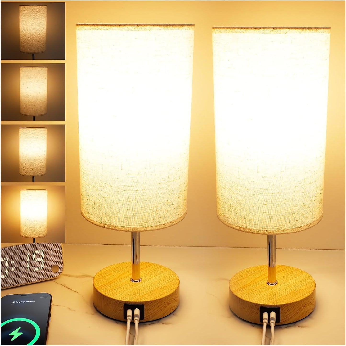 UNIFUN Nightstand Lamp, Touch Dimmable with USB-C Charging & Bulb | Includes E26 LED bulb，4 Brightness Levels，USB-A and Type-C ports，Natural wood base paired with a soft linen fabric shade
