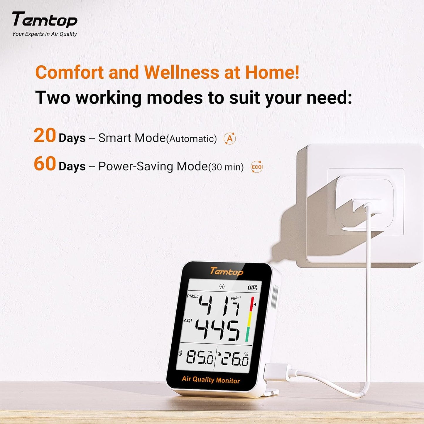 Temtop Air Quality Monitor with Indoor Thermometer & Thermo-Hygrometer – PM2.5, AQI, Temperature and Humidity Meter for Home, Office, Nursery, School, 60-Day Battery Life