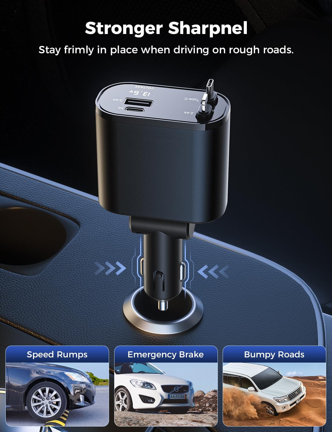 Retractable USB C Car Charger, 69W 4-in-1 Fast Charging Adapter | Dual retractable USB-C cables plus USB-C and USB-A ports deliver 69W fast charging for phones, tablets and more