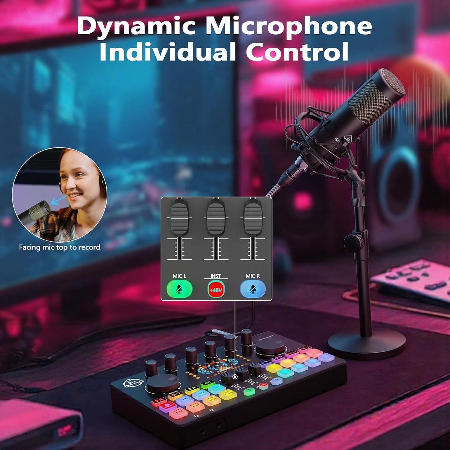 Podcast Equipment Bundle for 4, Audio Interface with 4 Dynamic Microphone, 4 Desktop Mic Stands, Voice Change, DJ Mixer for Vocal Recording Podcasting,Streaming,Singing TikTok, COMMANDER M100 3rd