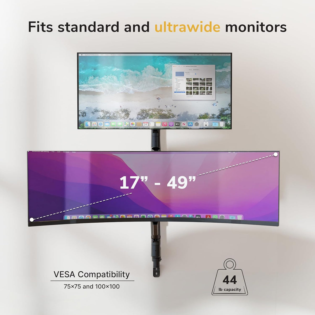 Mount-It! Dual Stacked Monitor Wall Mount, Heavy-Duty Gas Spring, 17-49 in