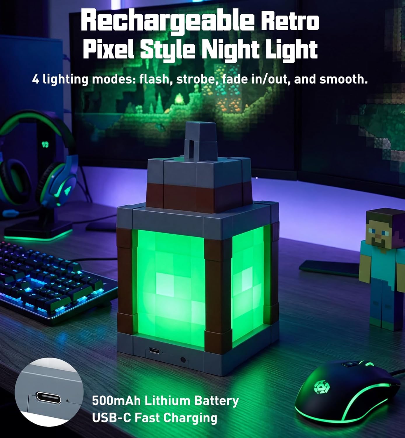 Pixelated Lantern Night Light with Timer 16 Color RGB Pixel Lantern Lamp Rechargeable Retro Pixel Decor Light with Remote & Touch Control, Hanging or Tabletop for Bedroom Desk Gaming Room Decor Gift