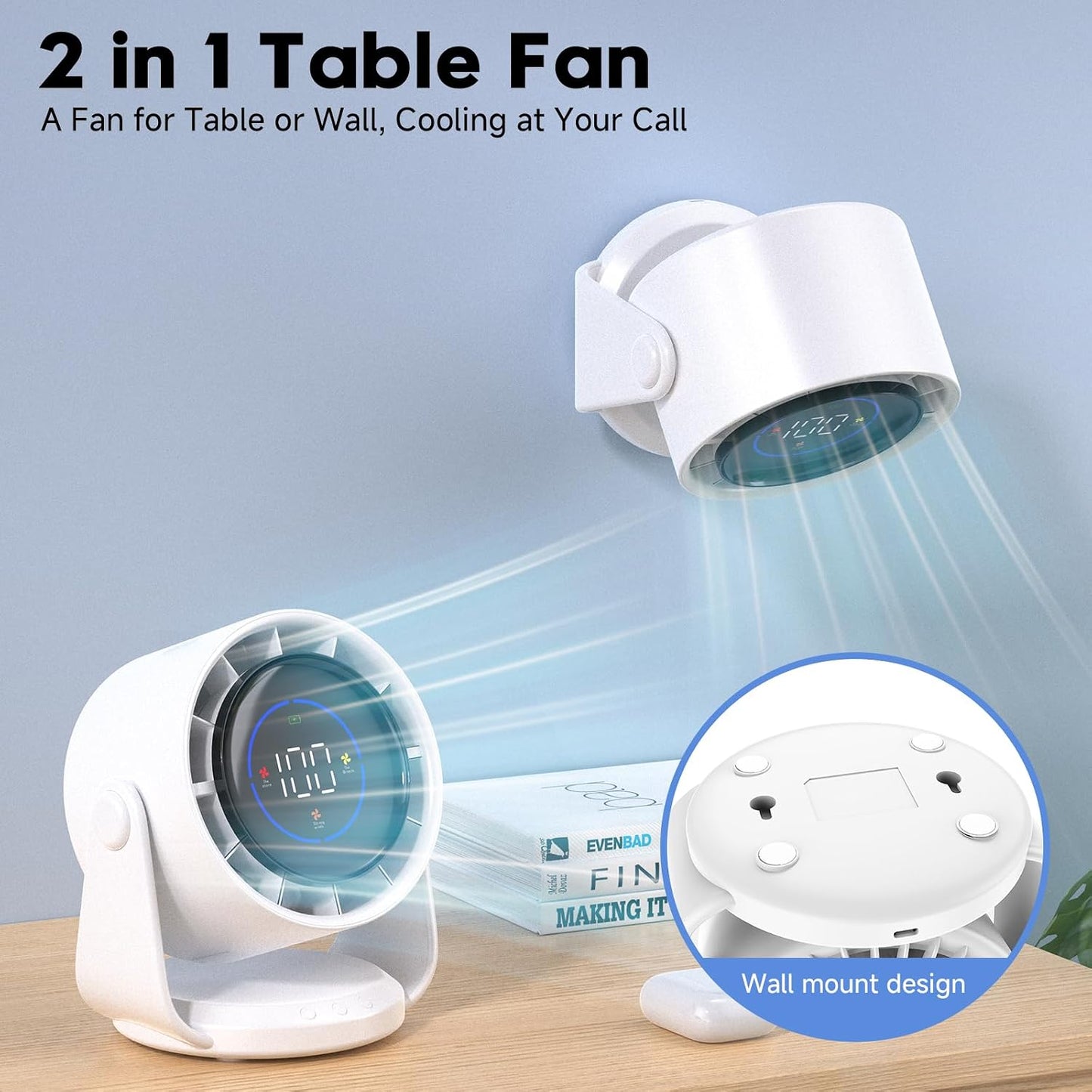 YOSHENMO Desk Fan, Turbo Table Fan for Bedroom, 100-Speed Digital Display, Low Noise, 105° Adjustable Tilt, 7.5-inch, Rechargeable Battery, Wall-Mouted Design for Home, Office, Travel Dark White