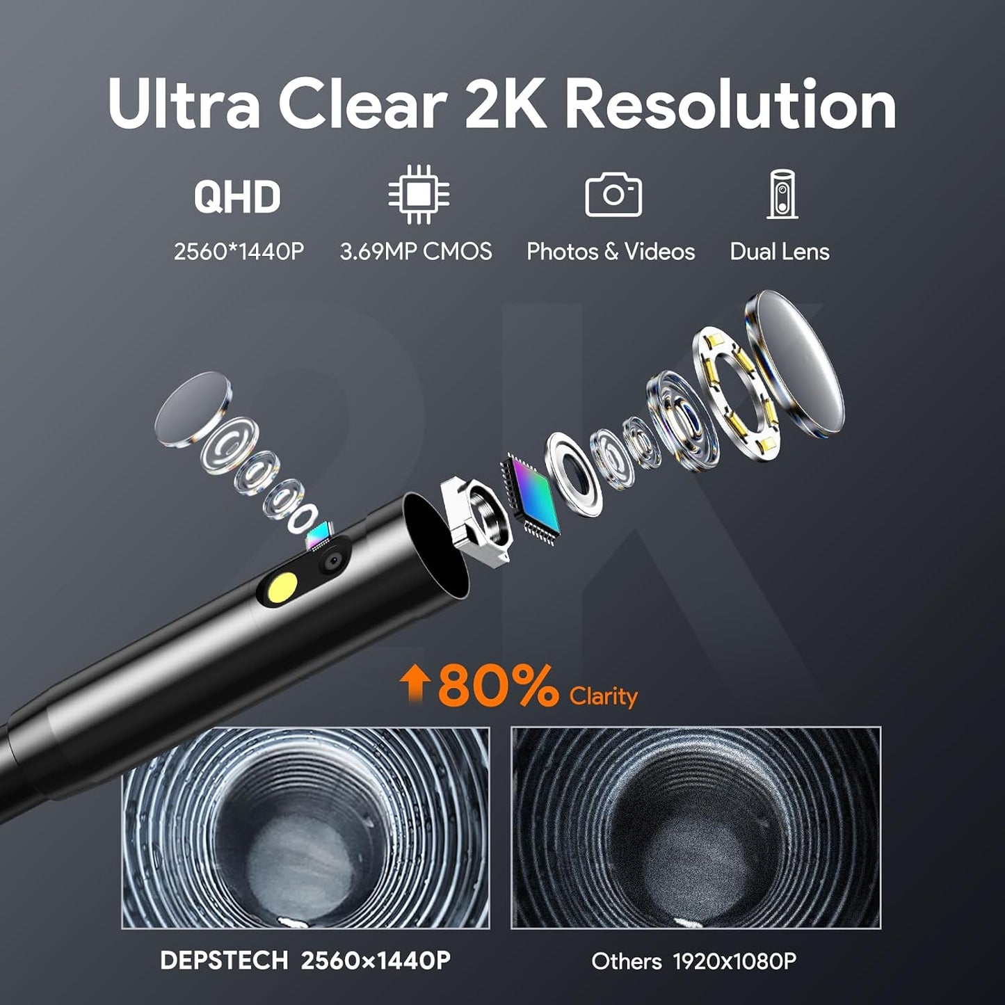 DEPSTECH 2K Endoscope Camera with Light, Dual Lens 2560P Phone Borescope | Inspection Scope for iPhone Android, Semi-Rigid Snake Cable, 9LEDs, IP67 Waterproof, for Automotive, HVAC, Plumbing, Mechanic