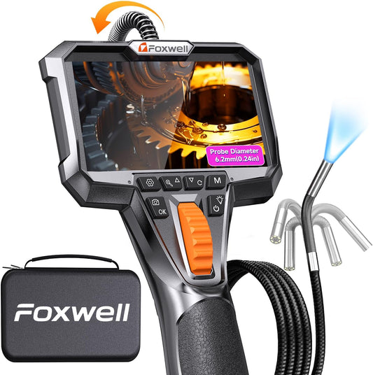 FOXWELL Y400 220° 2-Way Articulating Borescope, 0.24in Ultra-Slim Endoscope | with Light, IPS HD Screen, IP67 Waterproof Camera, 5.3FT Flexible Scope for Automotive, Engine, HVAC, Industrial Inspection