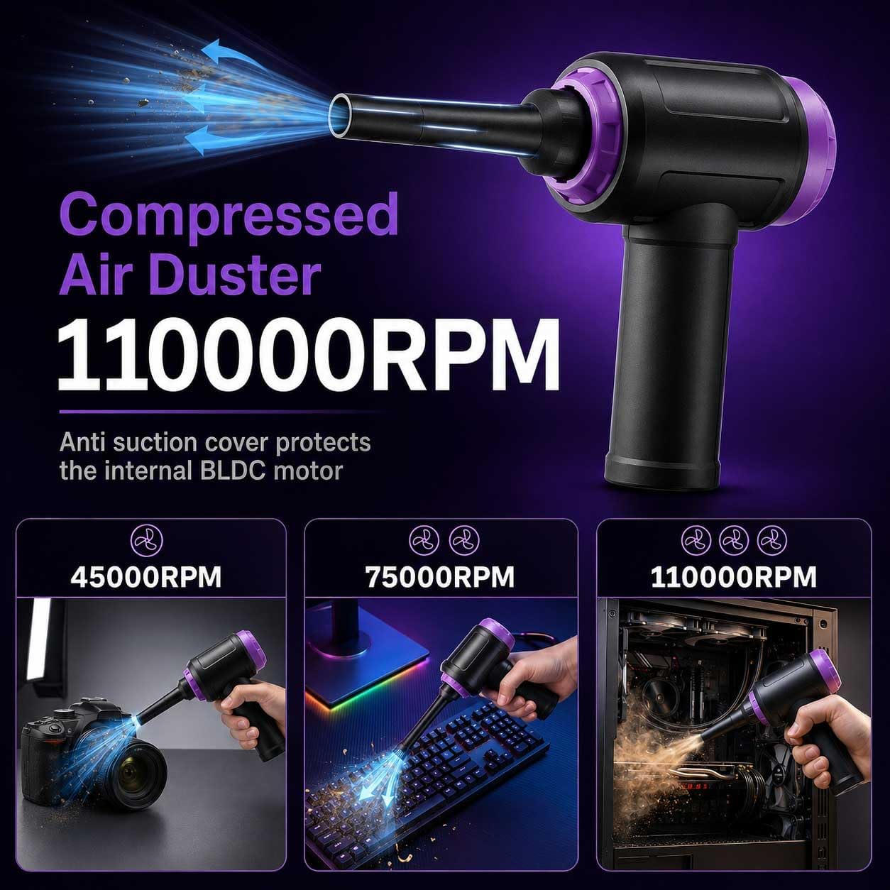 14.5KPA Computer Keyboard Vacuum Cleaner & 110000RPM Electric Air Duster 3-in-1, Replaces Canned Air, for PC Tower & Car Laptop Sewing Machine Portable Keyboard Vac USB Desk Crumbs Dust Cleaners
