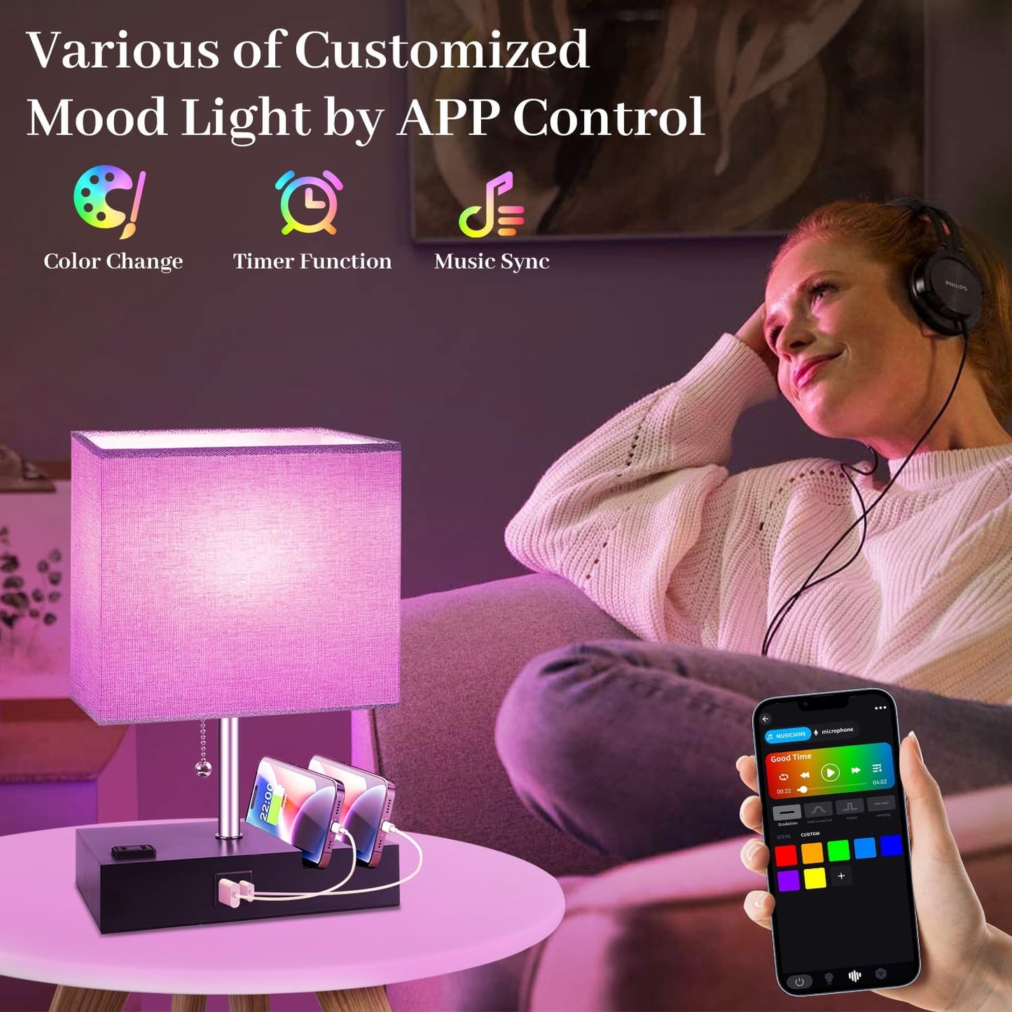 Smart RGB Dimmable Table Lamp Work with Alexa&APP&Remote Control, Gray | Bedside Desk Lamp with Charging Ports&Outlet&Phone Stand, Music Sync Nightstand Lamp for Bedroom Living Room Office Dorm