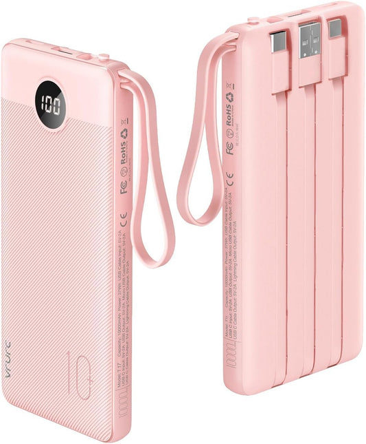 VRURC 22.5W 10000mAh Fast Charging Power Bank Built‑in 4 Cables | Portable Charger Slim,Travel Battery Pack for iPhone, Samsung & Multi Devices, Pocket‑Friendly with Lanyard-Pink(1 Pack)