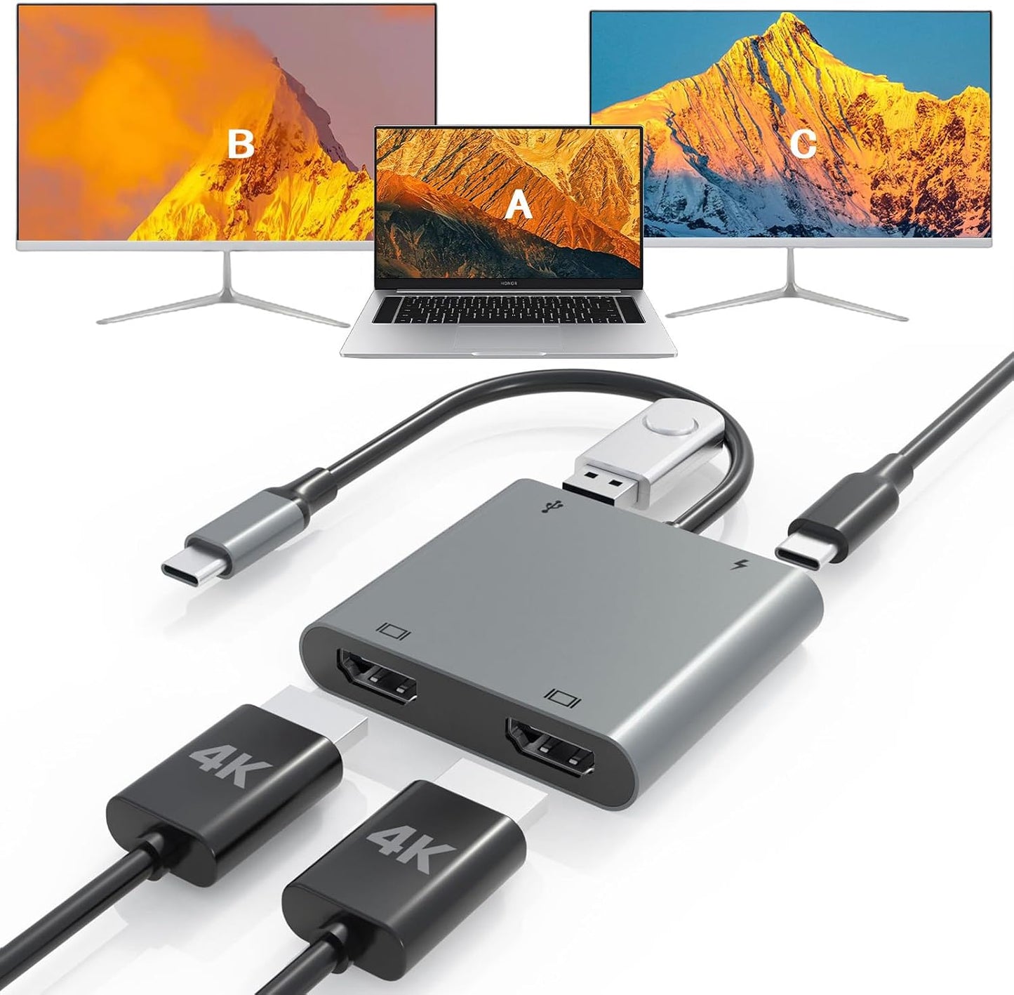USB C to Dual HDTV Adapter, Fophmo 4K@60Hz HDTV Splitter Extend Display for Dual Monitors, macOS Only Allows Mirror Mode, Windows Allows Multi-Monitor Display 3 Separate Screens for 100W PD,USB-A Port