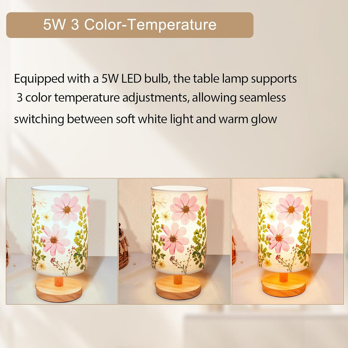 Dried Flowers Small Table Lamp 5W LED 3-Color Bedside Lamp Pressed Flowers Lampshade with Wood Base for Bedroom Living Room Desk Nursery