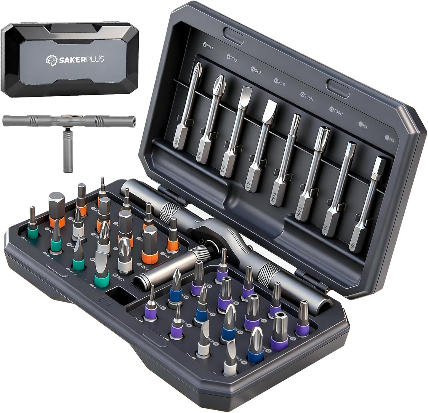 SakerPlus 42-in-1 Magnetic Ratcheting Screwdriver Set with T-Handle(Grey) | Ratcheting handle with T-handle design helps improve grip, torque, and control during repairs,DIY Repair Kit