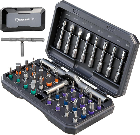SakerPlus 42-in-1 Magnetic Ratcheting Screwdriver Set with T-Handle(Grey) | Ratcheting handle with T-handle design helps improve grip, torque, and control during repairs,DIY Repair Kit
