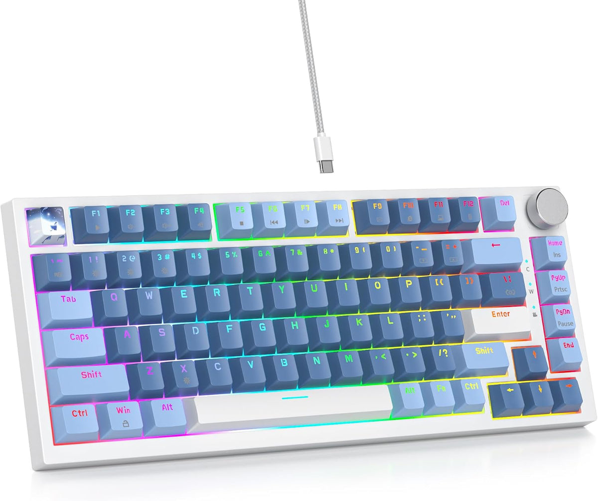 Guffercty kred 75% Percent Blue Keyboard Gasket Mount with Knob, Hot-swappable RGB Wired Mechanical Gaming Keyboard Programmable for Mac/Win (82 Sea Fog Blue)
