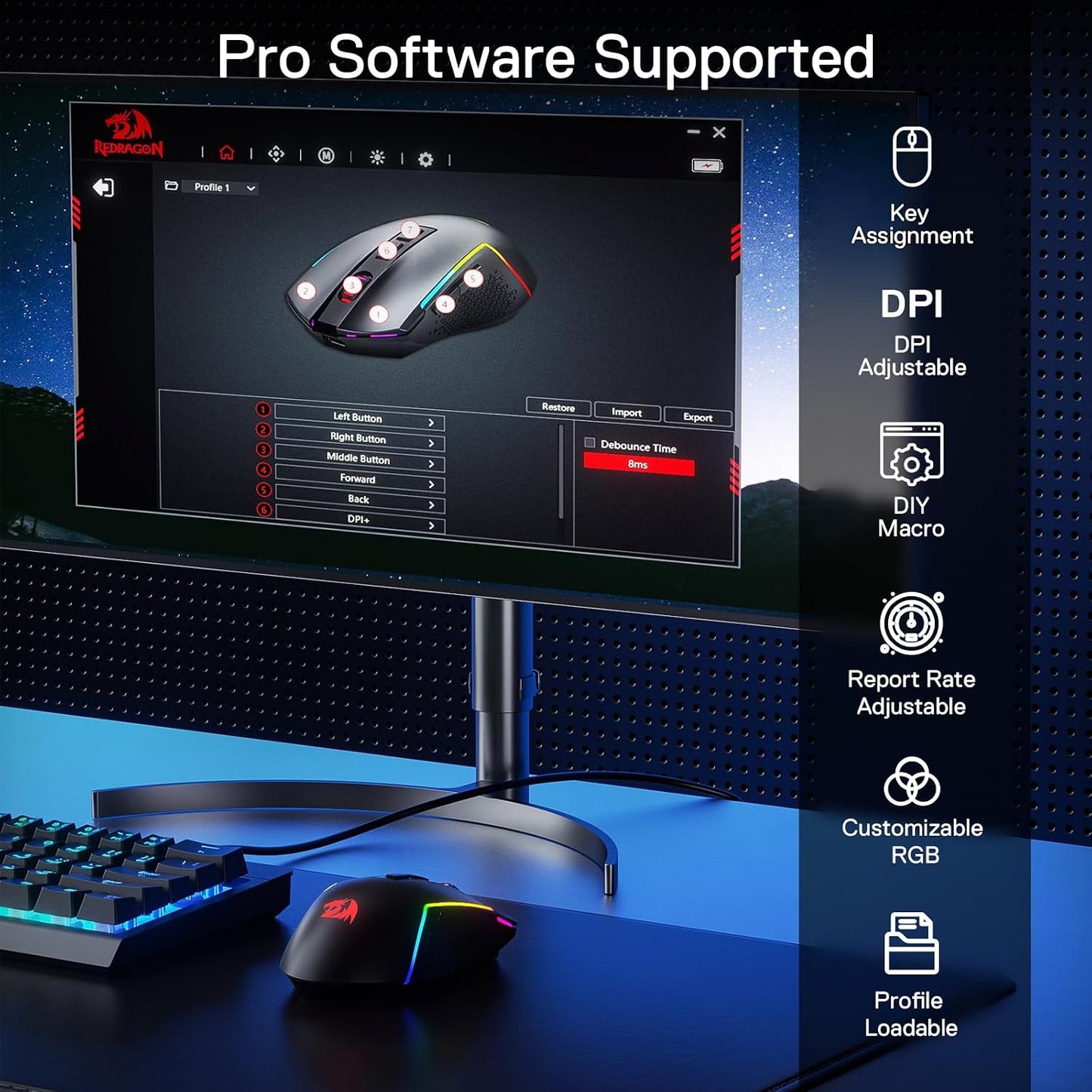 Redragon M693 LIT Wireless RGB Gaming Mouse 12800 DPI Remapping Keys | Cable-Free 0 Delay, Redefine Keybinding Macro, Vibing Backlight, Ergonomic Grip Body Comfort