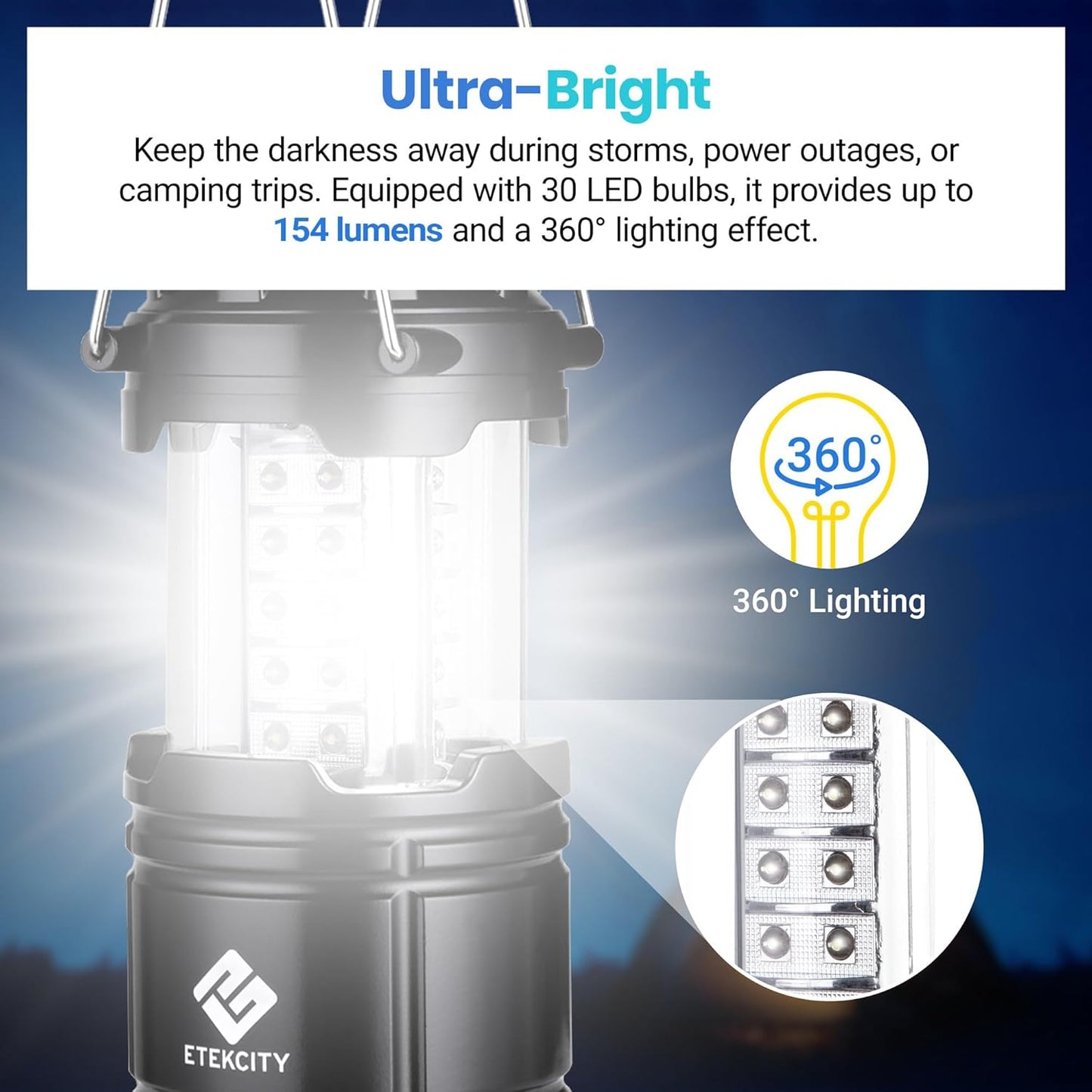 Etekcity LED Camping Lanterns, Battery Included, 4 Pack | Power Outages, Hurricane Preparedness, Camping Essentials, Emergency Kit, Water Resistant, Collapsible Design