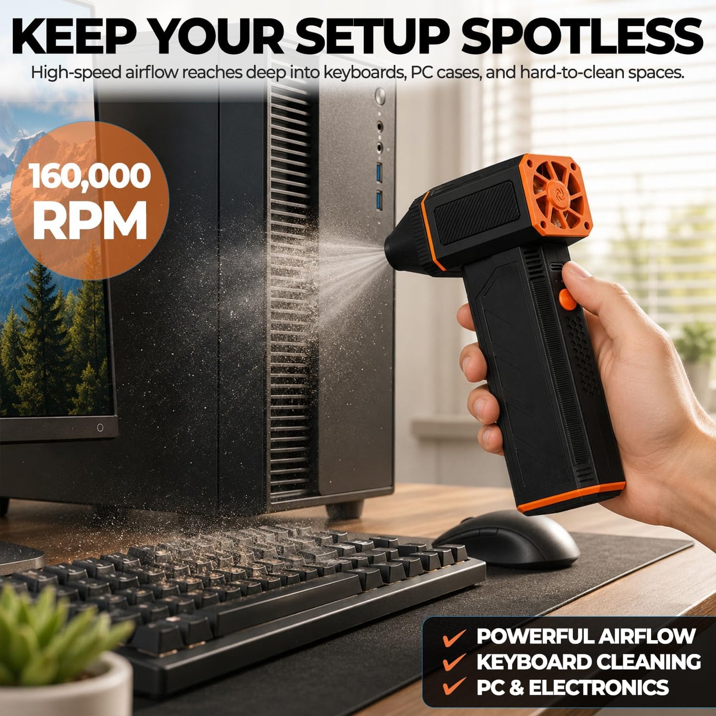 Electric Air Duster | 160,000 RPM Brushless Motor Jet Fan | Cordless Rechargeable Compressed Air Blower for PC, Keyboard, and Car Detailing (Black)