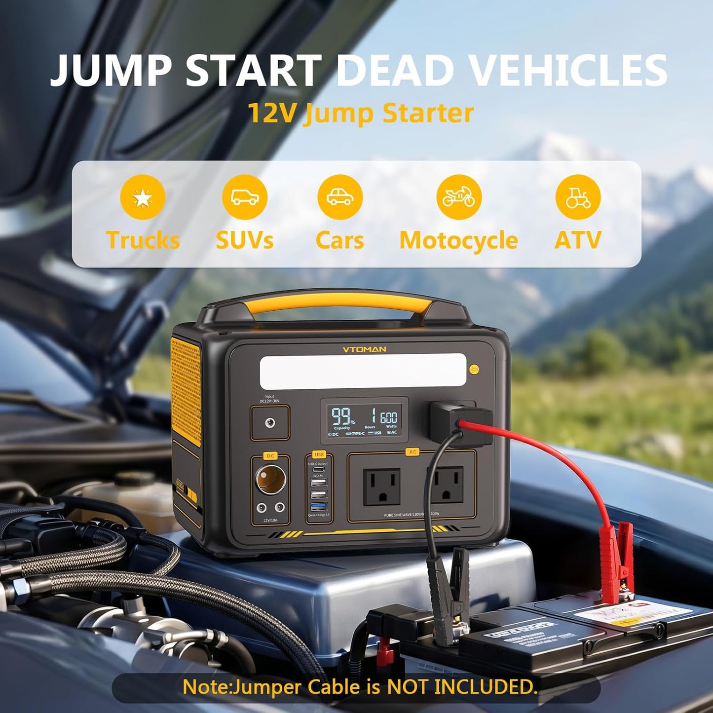 VTOMAN Jump 600X Portable Power Station 600W, 299Wh LiFePO4 Battery | 1200W Surge AC Outlet, PD 60W USB-C, 2-In-1 Solar Generator with Jump Start for Blackout, Camping, Outage and Road Trip