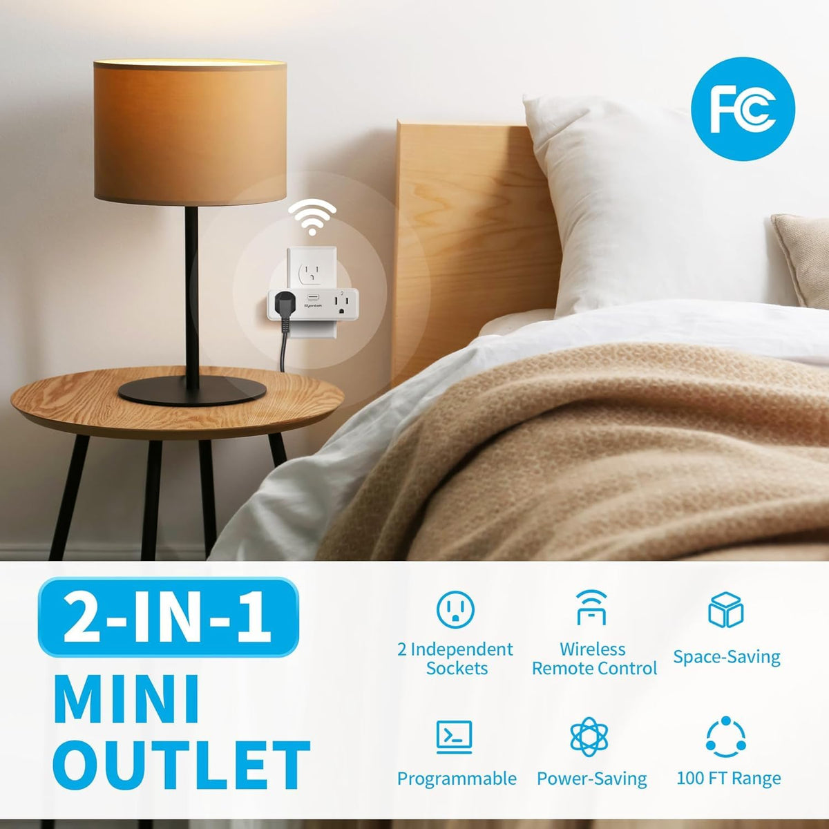 Syantek Remote Control Outlet with 2 Independent Control Sockets, Wireless Remote Light Switch Set, Remote Outlet Plug Up to 100 FT Range, 15A/1875W, White (1 Outlet + 1 Remote)