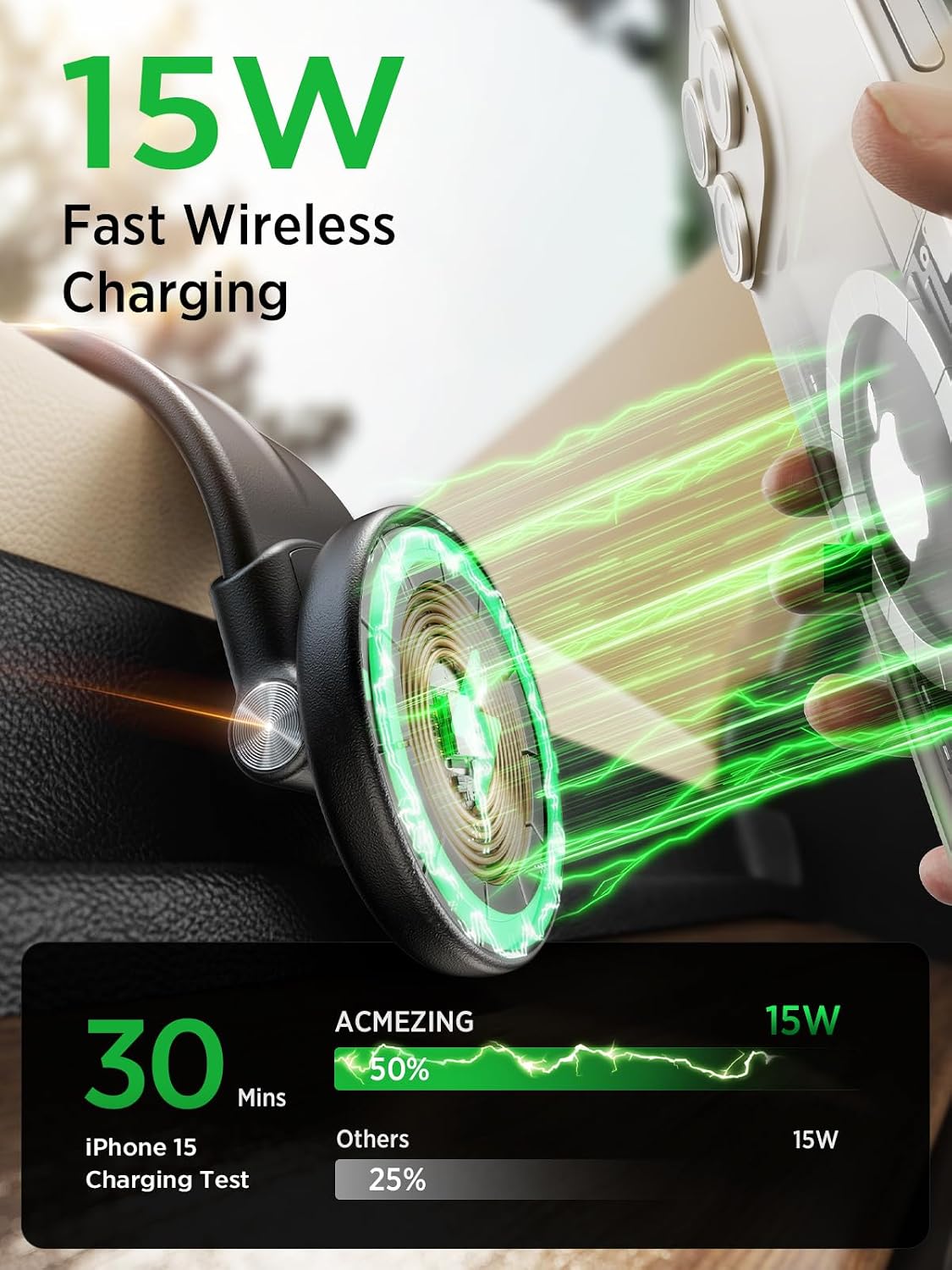 ACMEZING 15W Only for iPhone MagSafe Car Mount Charger, 360% Adjustable | Aluminum Alloy Arm, Relocatable Car Phone Holder, Magnetic Wireless Fast Charging, Cell Phone Holder for All Cars, Black