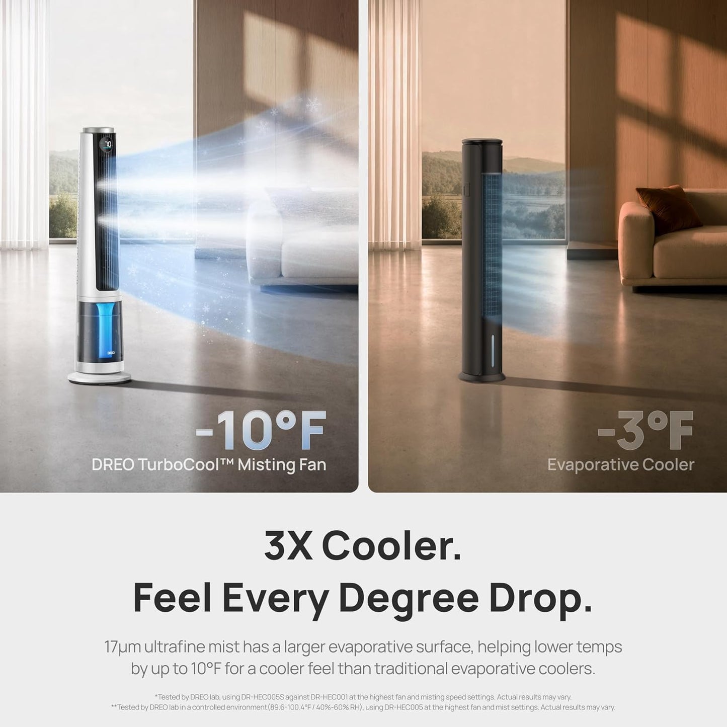 DREO TurboCool Misting Fan 765S, Fans that Blow Cold Air, 10°F Cooling Fan | 34ft/s Fast Evaporative Air Cooler, 6L Tank, 20 dB Quiet DC Motor, 90° Tower Fan with 12 Speeds, 4 Modes for Home, White