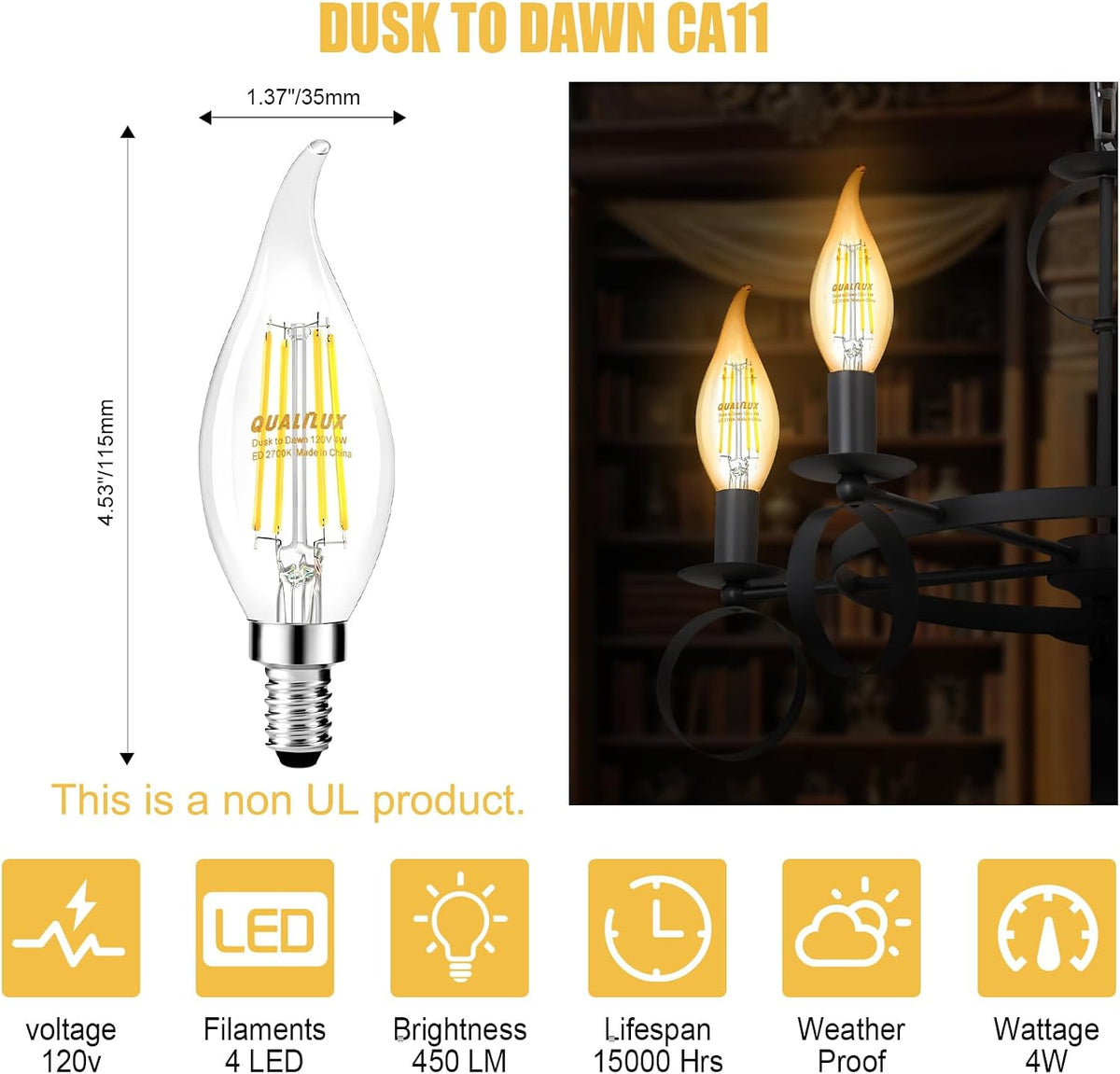 Qualilux Dusk to Dawn Candelabra Bulbs Outdoor, CA11 Vintage, Candle Flame Tip Full Glass, Non-Plastic, Soft White 2700K, 4W=40W, 450LM LED Light Sensing Auto On/Off Bulb, E12 Base, 4-Pack, HQ-H035