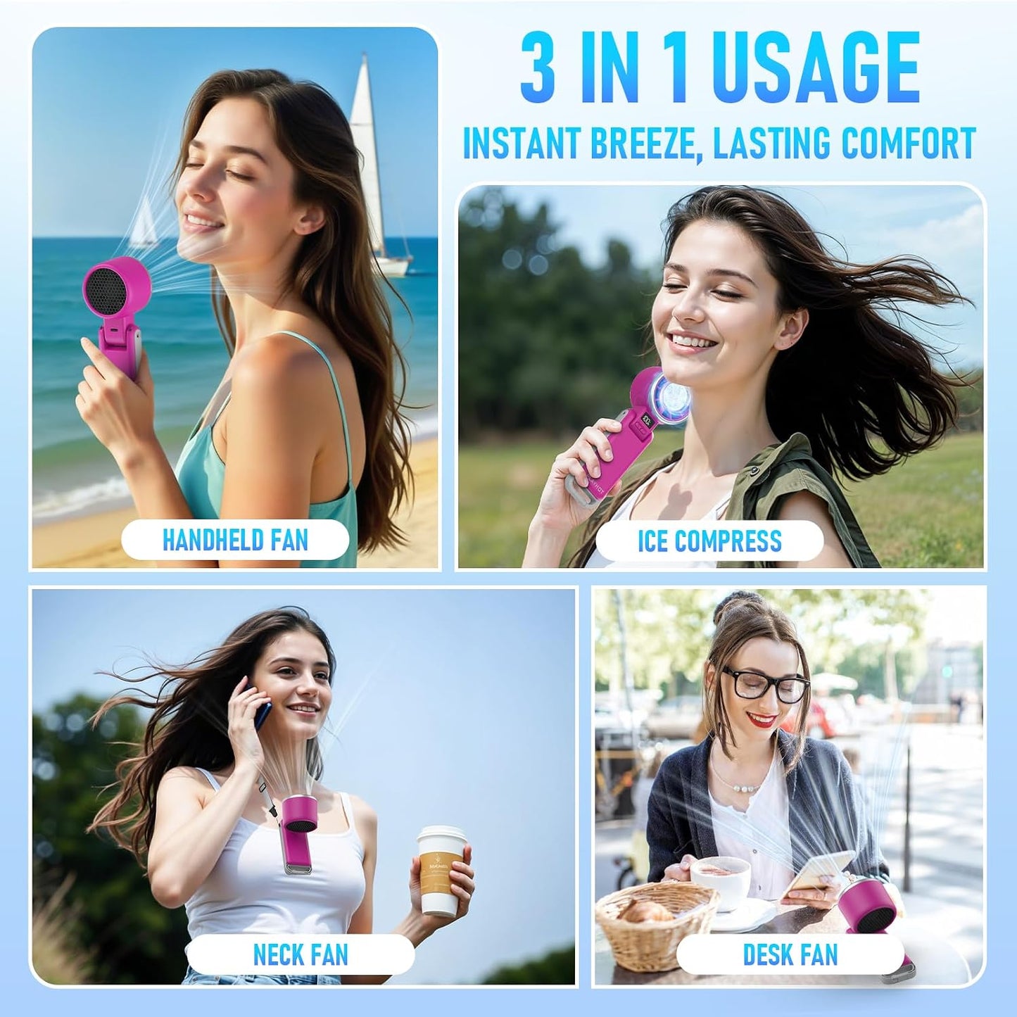 PlayHot Portable Handheld Cooling Fan, Travel Essentials, Gifts for Women | Instant Cooling, 10m/s Airflow, 5-Speed, 10H Max, USB-C Rechargeable, LED Display, 3-in-1 Foldable for Cruise, Beach Vacation