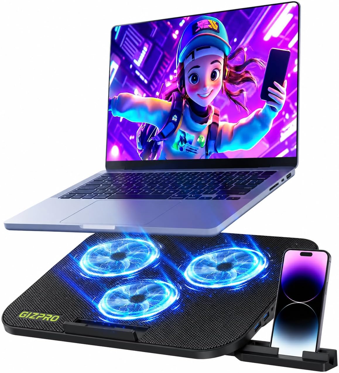 Laptop Cooling Pad with 3 Quiet Fans, 5-Level Height Adjustable Ergonomic Stand, 2 USB Ports & Phone Holder, Fits 12-17 Inch Laptops, Family-Friendly for Gaming/Work/Online Class