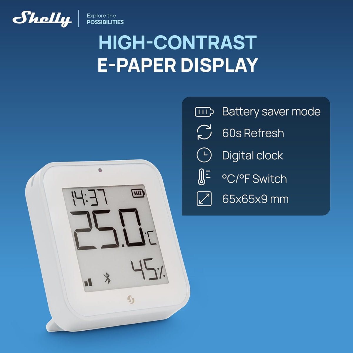 Shelly BLU H&T Display ZB White, Bluetooth & Zigbee Operated Temperature & Humidity Levels Sensor, E-Paper Display, Home Assistant, Alexa, Google Home, Real-Time Monitoring, Long-Life Battery