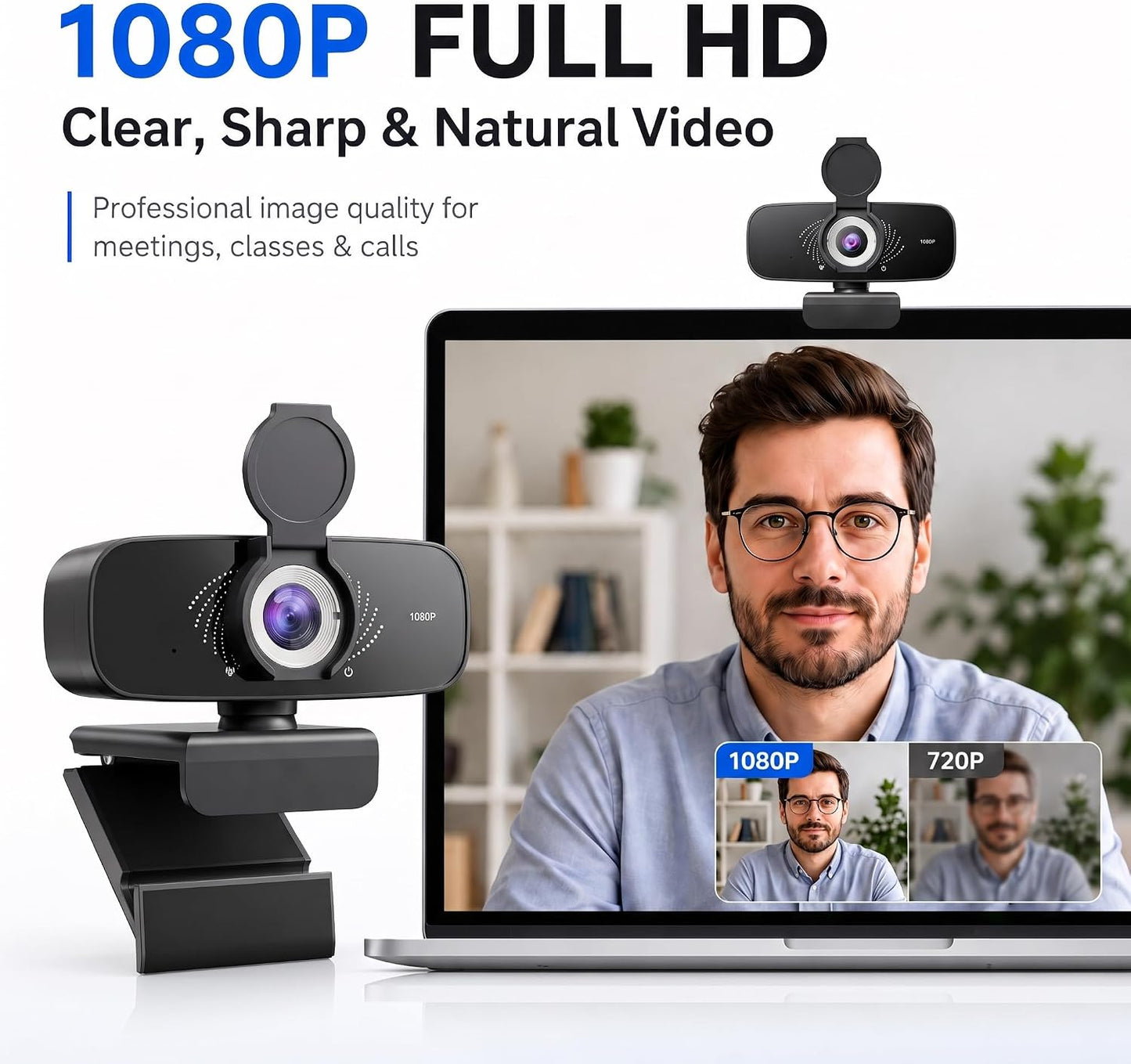 1080P Webcam with Microphone, Privacy Cover & USB-C Adapter | 105° FOV, Fixed Focus, Auto Light Correction, Plug & Play USB-A Camera with Tripod for Zoom, Teams, FaceTime and YouTube