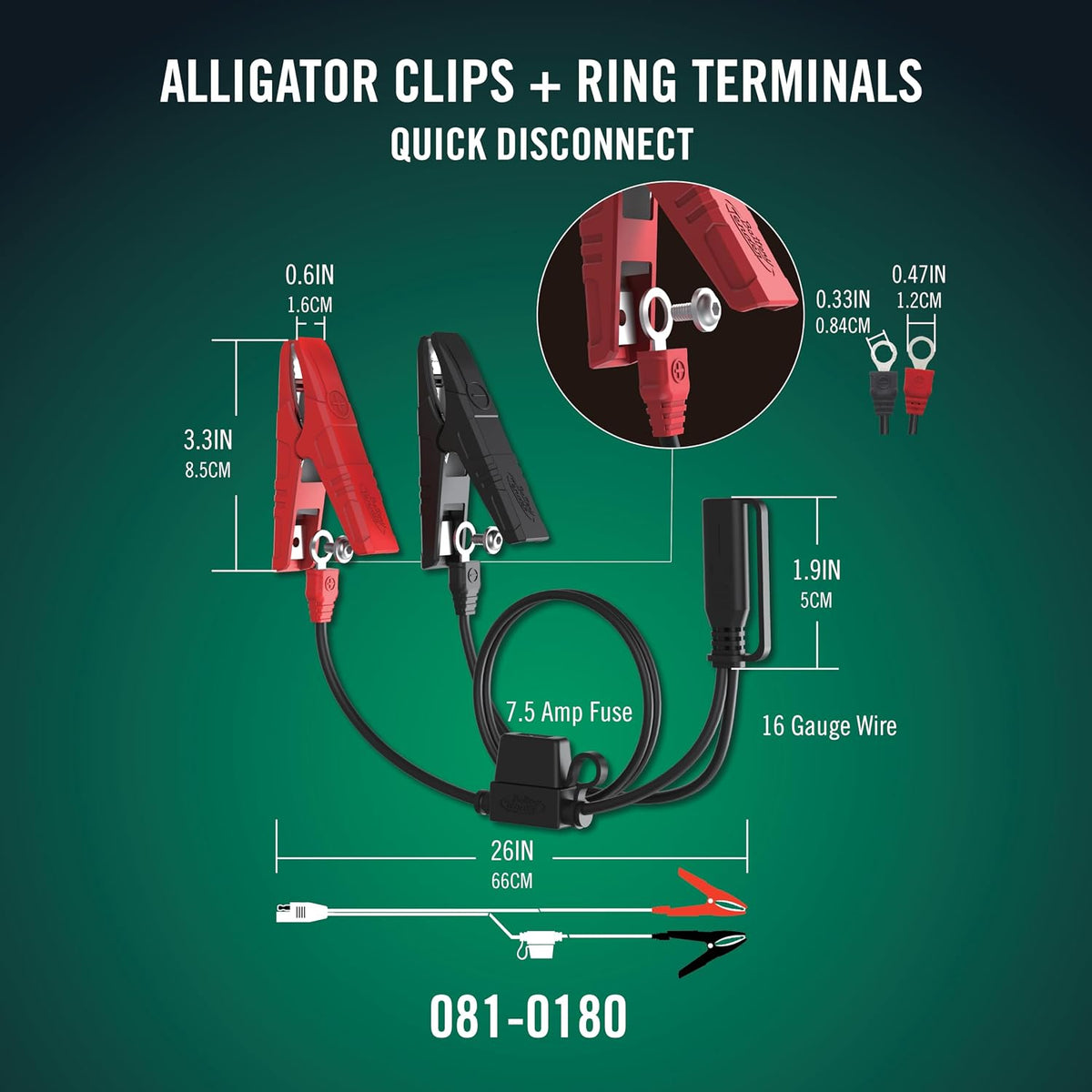 Battery Tender Alligator Clip and Ring Terminal 20 Inch Battery Charger Accessory Combo Cable - 081-0180