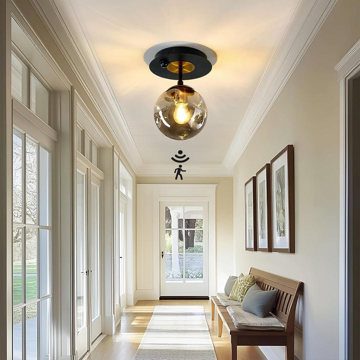 Motion Sensor Light Indoor 1-Light Mini Glass Globe Ceiling Light Fixture Modern Black Semi Flush Mount Light for Hallway Entryway Porch Stairway Closet