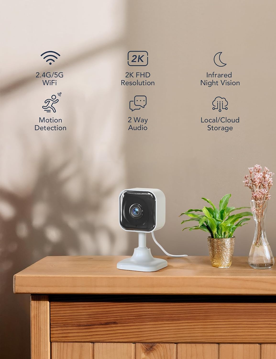 GNCC 2K Indoor Camera for Home Security with Phone App 5G/2.4G WiFi Pet Cam | Mini Pet Cam w/Human/Motion/Sound Detection, Compatible with Alexa, Cloud Storage Optional, Fixed View, Plug-in, 2 Pack