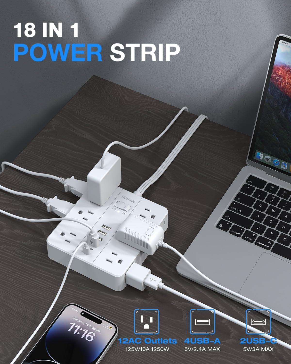 Extension Cord Power Strip, HUNIAN 25Ft Flat Plug Extension Cord