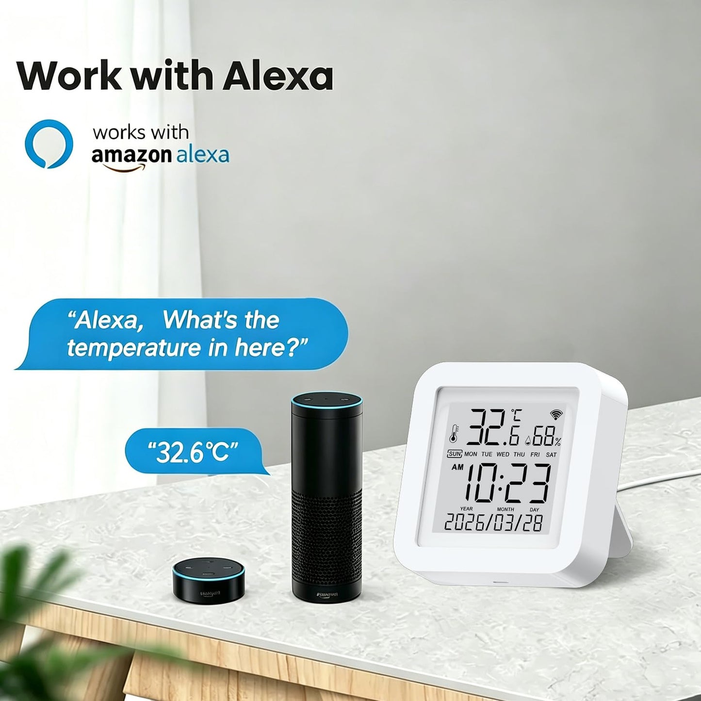 Smart WiFi Temperature Humidity Monitor: TUYA Wireless Temperature Humidity Sensor with APP Notification Alerts, WiFi Thermometer Hygrometer for Home Pet Garage,Compatible with Alexa