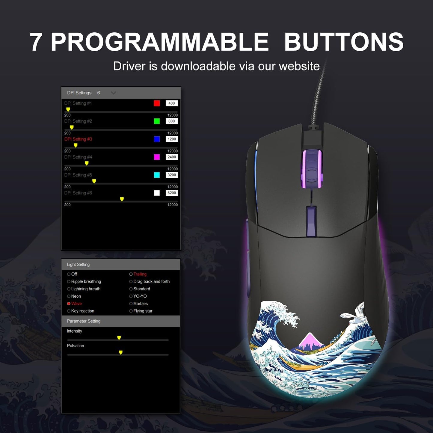 COSTOM Womier USB Wired Gaming Mouse for PC Computer Windows Mac Laptop | Lightweight Silent RGB Backlit Mouse with Adjustable 12000DPI/7 Programmable Side Buttons, Black Kanagawa Theme-G705 V2