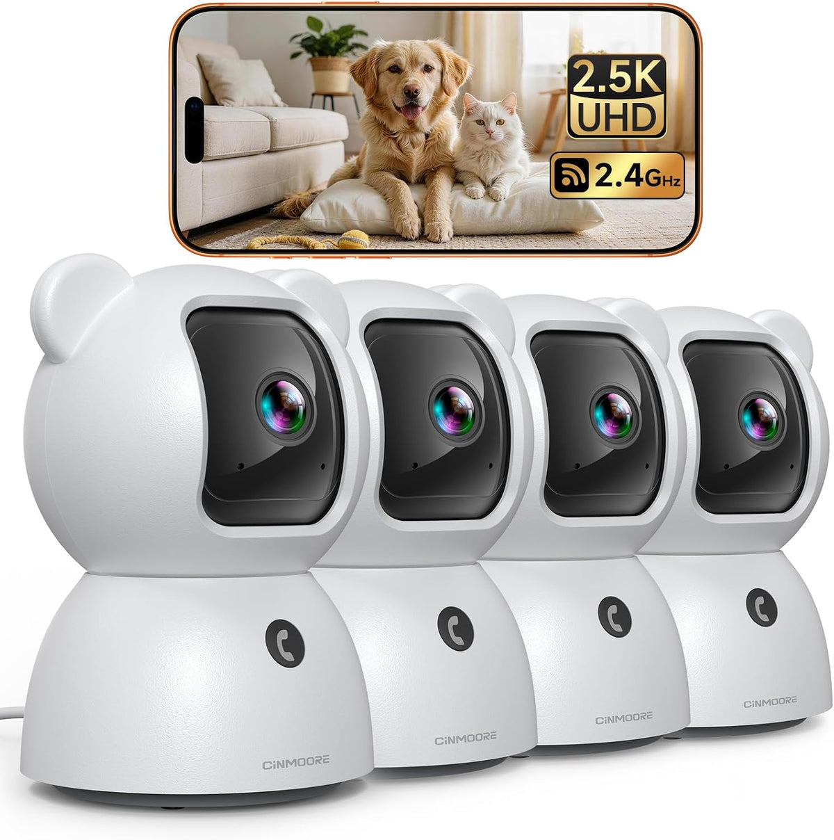 4 Pack 2.5K Cameras for Home Security, Non-Subscription AI Human/Pet/Crying Detection, 4MP Dog/Cat/Pet Camera Indoor with Phone App, Pan Tilt 2.4G WiFi Indoor Cameras, IR Night Vision, 2-Way Audio