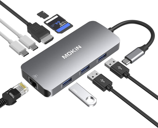 MOKiN USB C Hub HDMI Adapter Dongle for MacBook/Dell/Lenovo/HP Laptop | 4K@60HZ HDMI, 2*USB A 3.0/USB A 2.0/USB C 3.0/Ethernet Port/USB C Charging Port/SD/microSD Card Reader