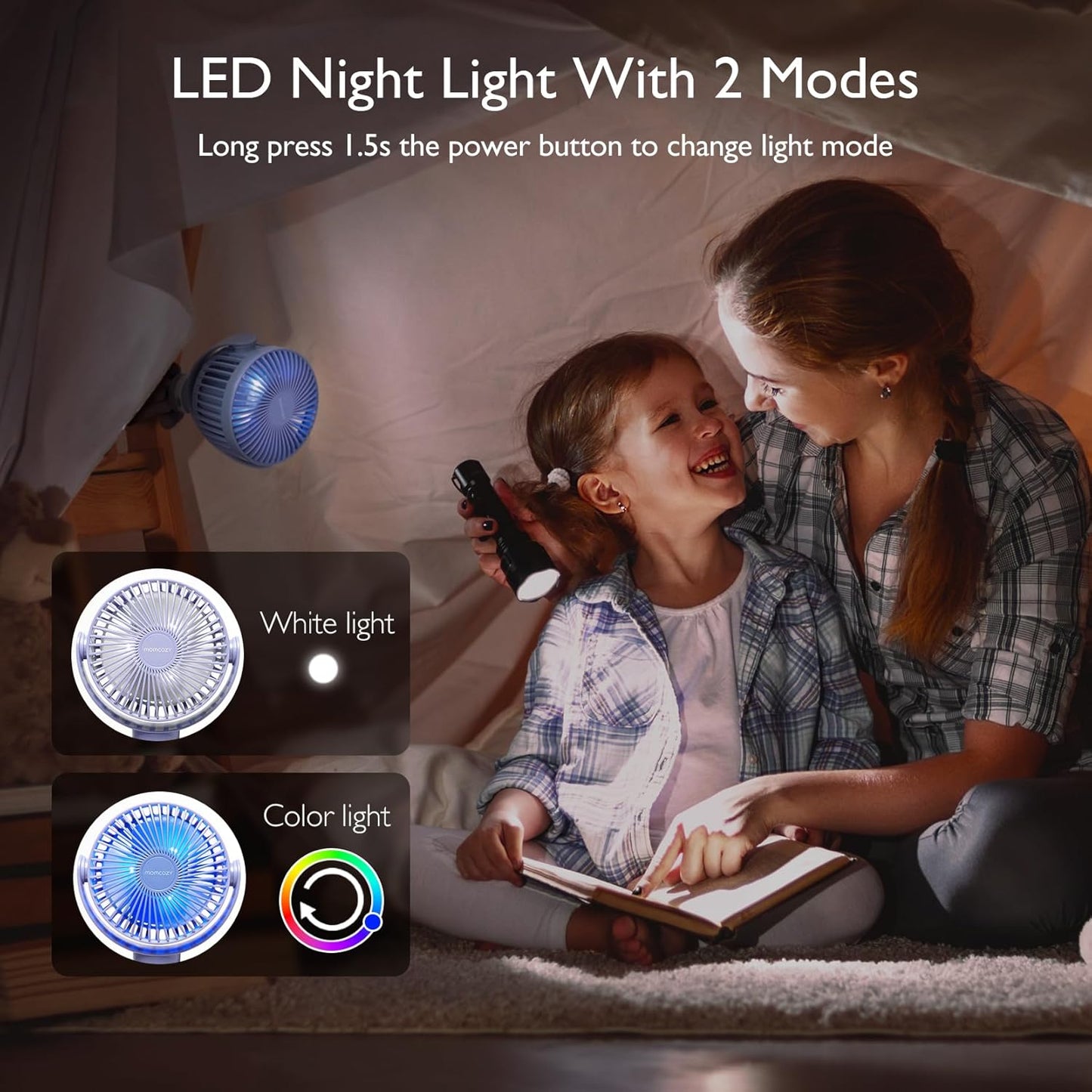Momcozy 8000mAh Portable Stroller Fan, 27H Ultra-long Battery Life | Detachable 4 Speed 360°Rotate LED Night Light with 2 Modes, USB Rechargeable Handheld Cooling Fan for Travel/Car Seat/Bedroom