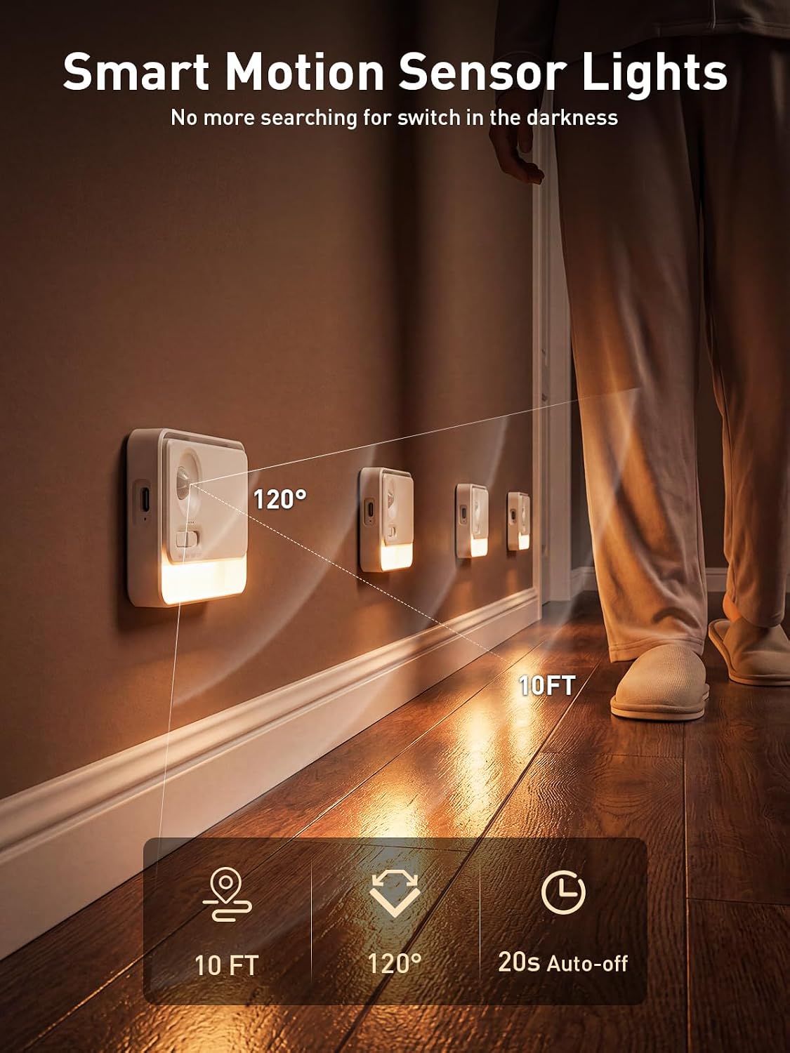 long-stars Sync Motion Sensor Night Lights, 1800mAh Linkage Rechargeable Stair Lights Indoor, 3 Color Temperatures, Magnetic Mounting for Hallway, 3 Pack