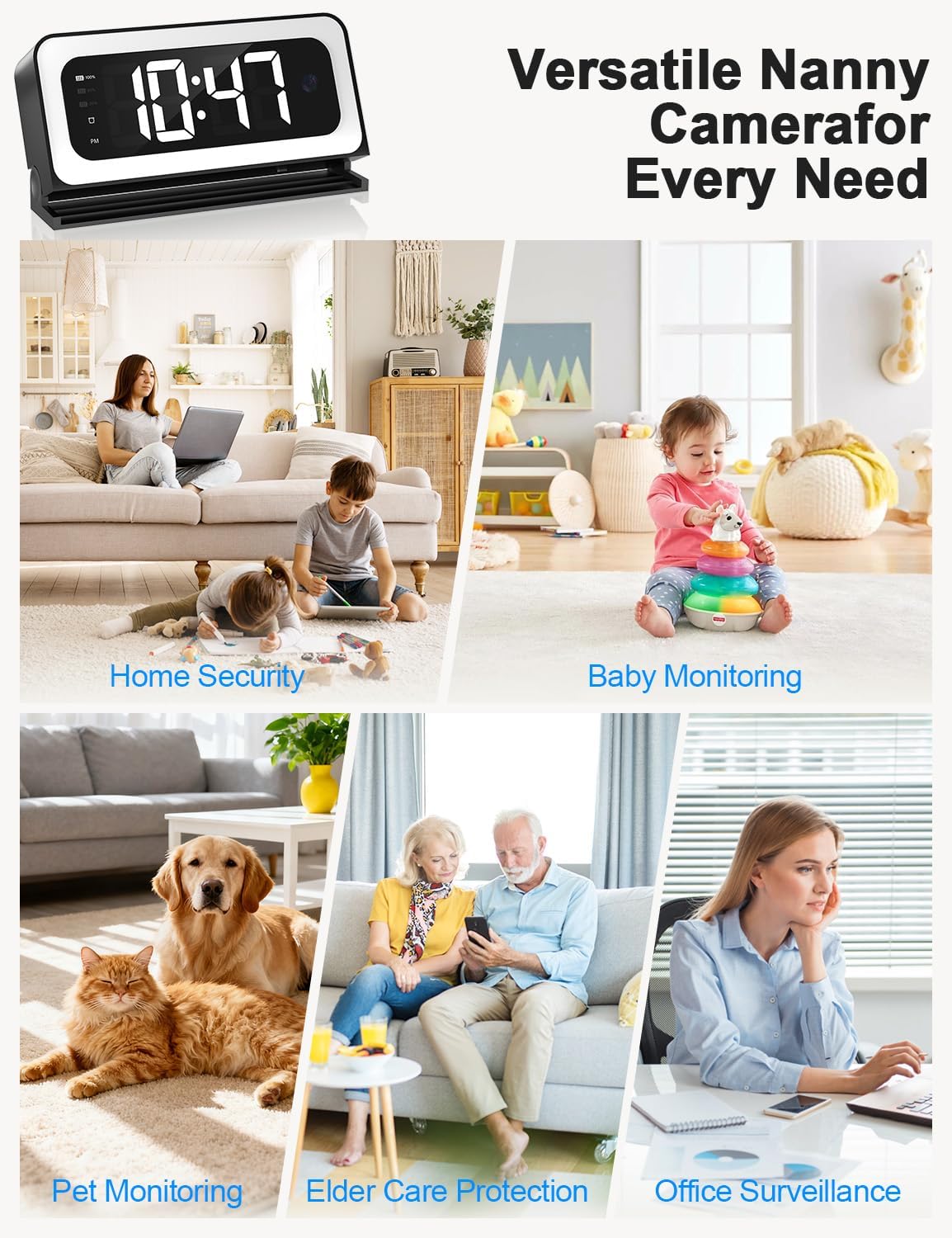 2K Alarm Clock Camera,5G&2.4G WiFi Nanny Cam Wireless Indoor Camera,Cameras for Home Security,AI Human Detection,Color Night Vision for Home/Pet