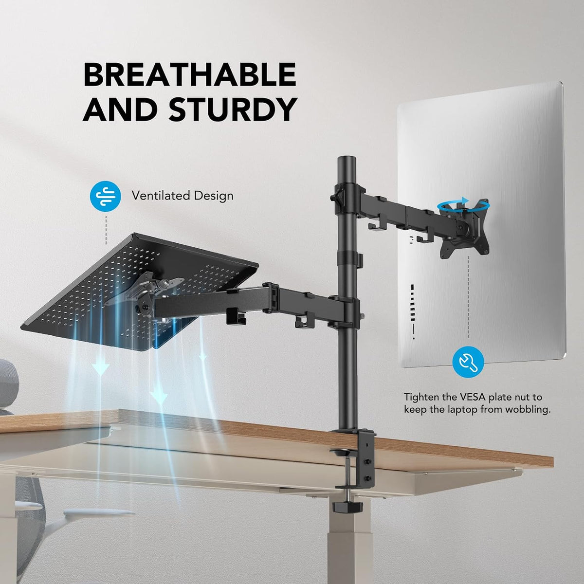 HUANUO Adjustable Monitor Arm with Laptop Tray, Single Desk Mount for 13-32" VESA Monitors up to 22 lbs, 14" x 12" Laptop Tray