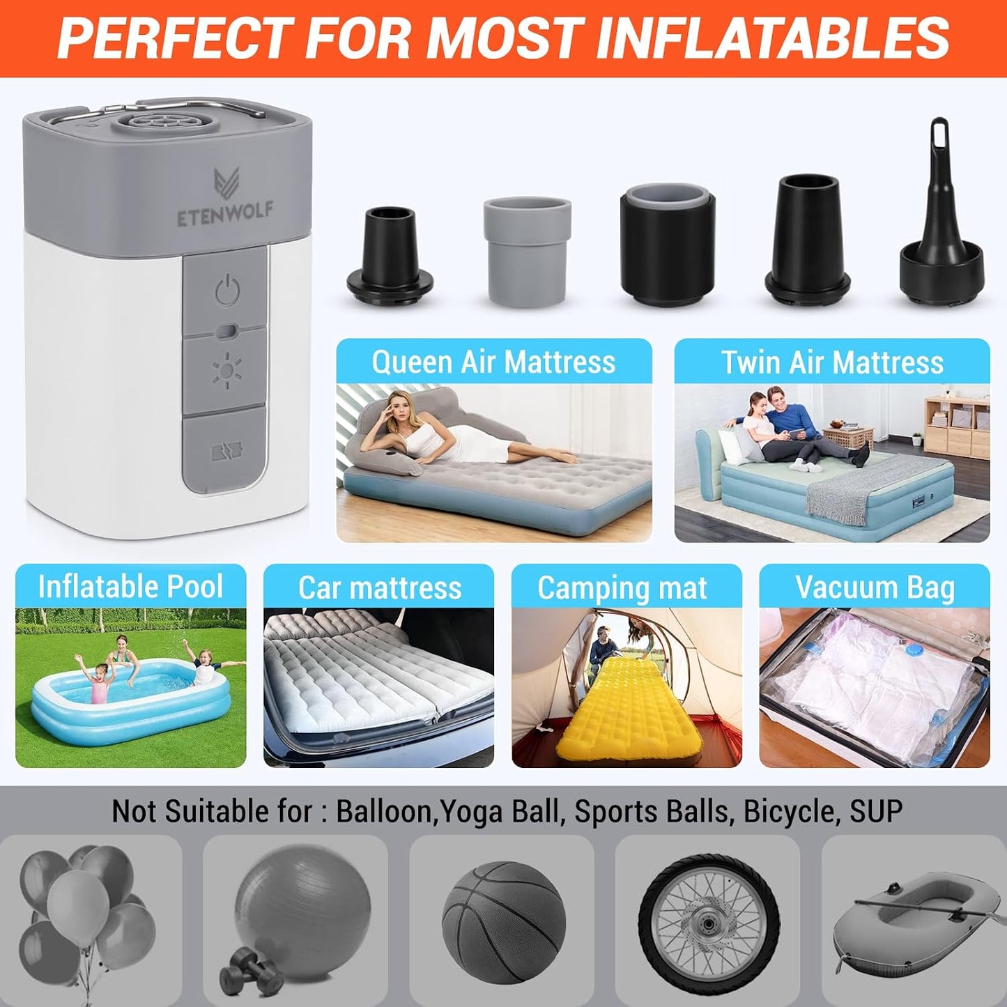 ETENWOLF Air Pump for Inflatables with 10400 mAh Battery & Camping Light | 4X Quick Inflator & Deflator, 720 L/min Portable Electric Air Pump for Pool Floats, Air Mattress, Vacuum Storage Bags