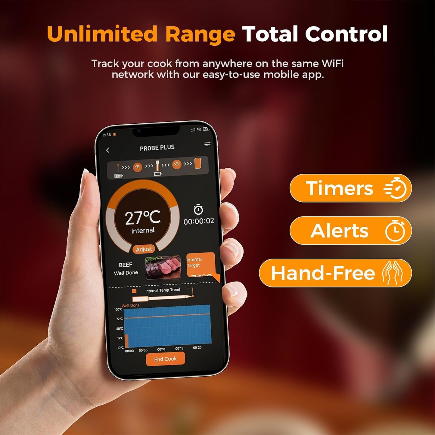 Smart Wireless Meat Thermometer, Digital Cooking Thermometer with Dual High-Accuracy Sensors, Ceramic Heat-Resistant Probe, Instant Read LCD & App Control for Kitchen,BBQ, Oven,Grill,Air Fryer, Black